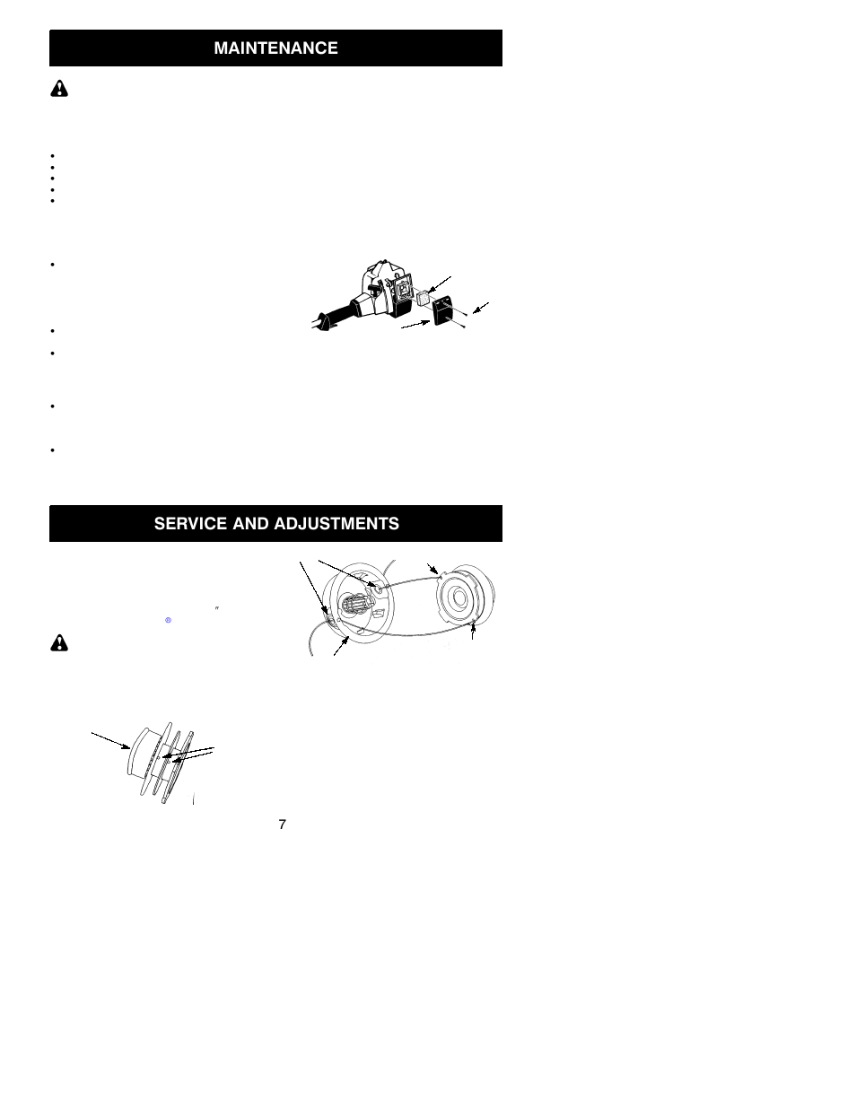 Maintenance, Service and adjustments | Weed Eater FL25 User Manual | Page 7 / 11