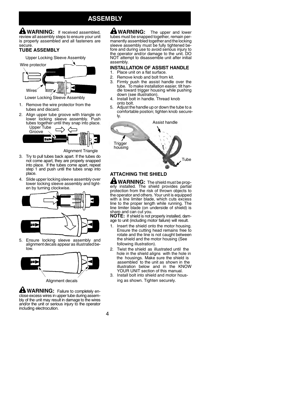 Assembly, Warning | Weed Eater 966047801 User Manual | Page 4 / 9