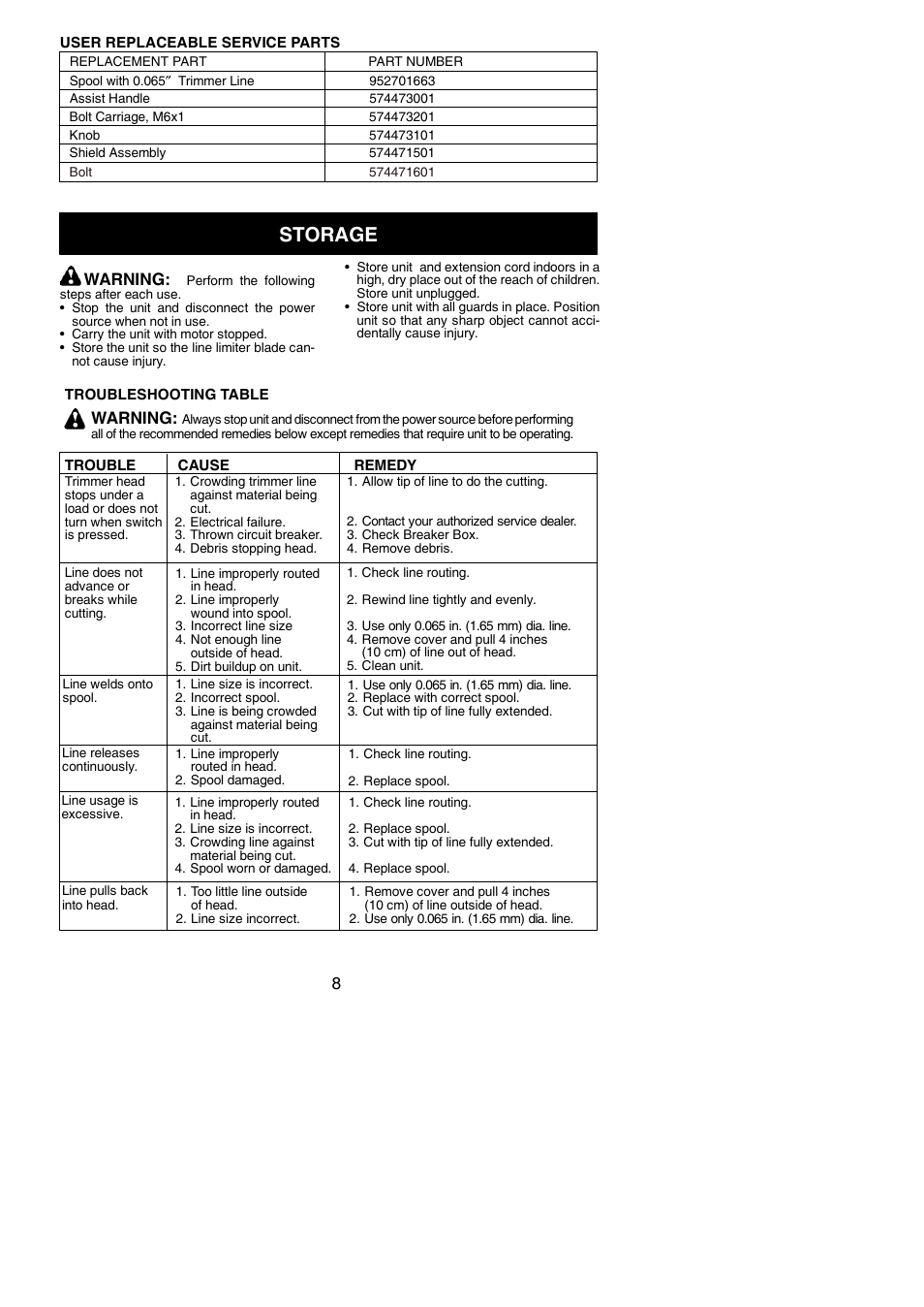 Storage, Warning | Weed Eater 966047801 User Manual | Page 8 / 9