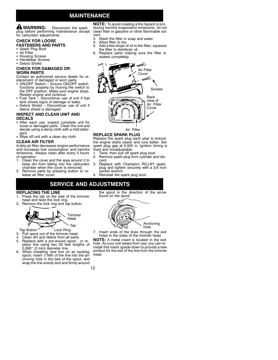 Maintenance, Service and adjustments | Weed Eater 530088132 User Manual | Page 12 / 16