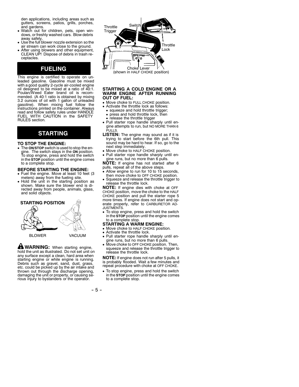 Safety rules, Fueling, Starting | Weed Eater SB180BV User Manual | Page 5 / 8