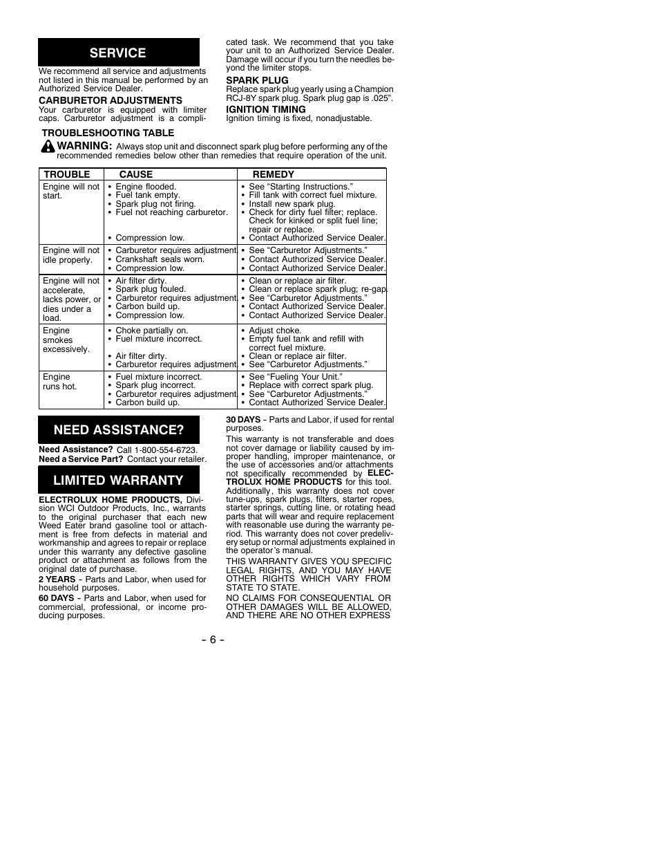 Safety rules, Service, Need assistance | Limited warranty | Weed Eater SB180BV User Manual | Page 6 / 8