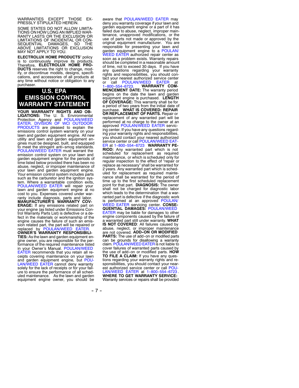 U.s. epa emission control warranty statement | Weed Eater SB180BV User Manual | Page 7 / 8