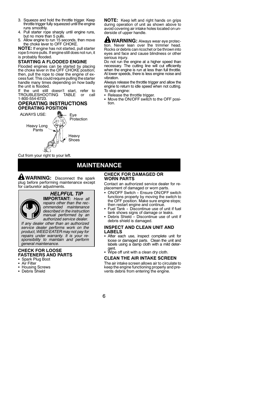 Maintenance, Operating instructions, Warning | Helpful tip | Weed Eater 545186748 User Manual | Page 6 / 11