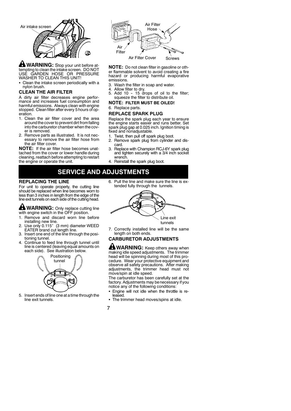 Service and adjustments, Warning | Weed Eater 545186748 User Manual | Page 7 / 11