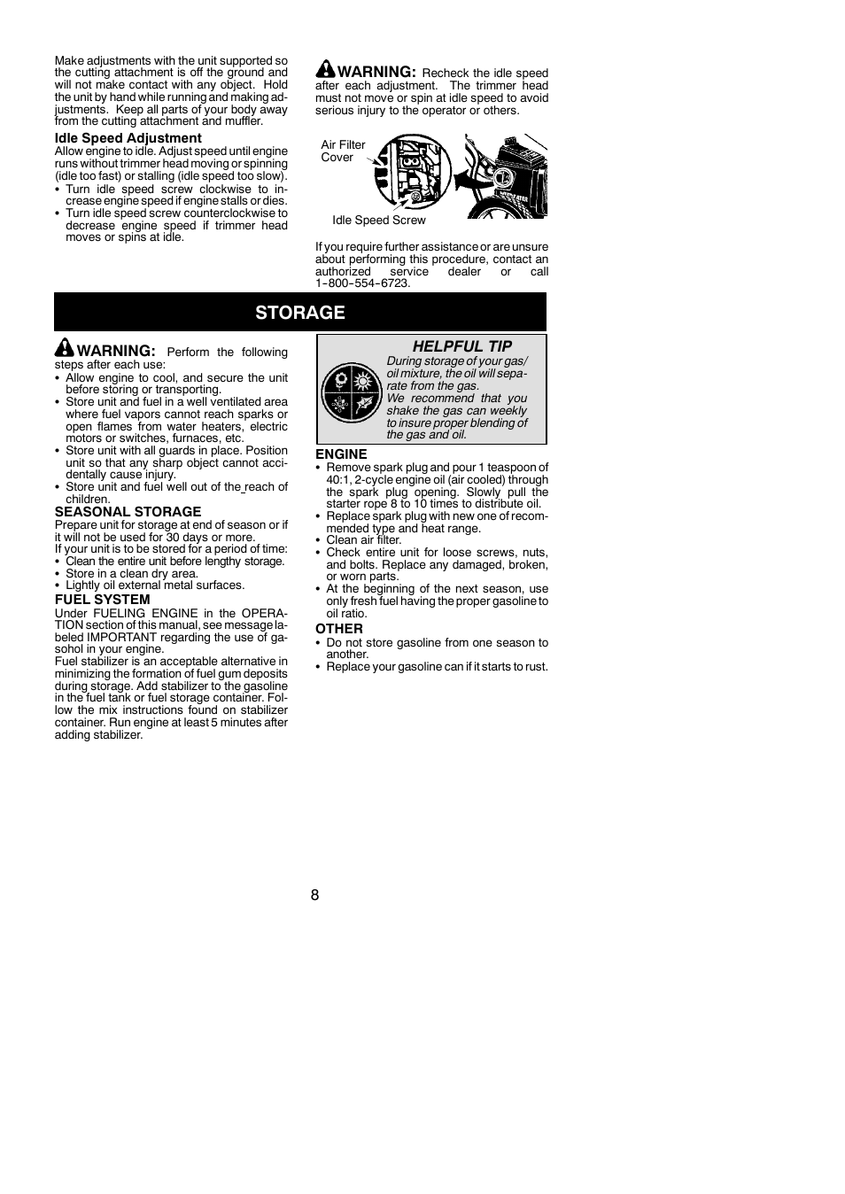 Storage, Warning, Helpful tip | Weed Eater 545186748 User Manual | Page 8 / 11
