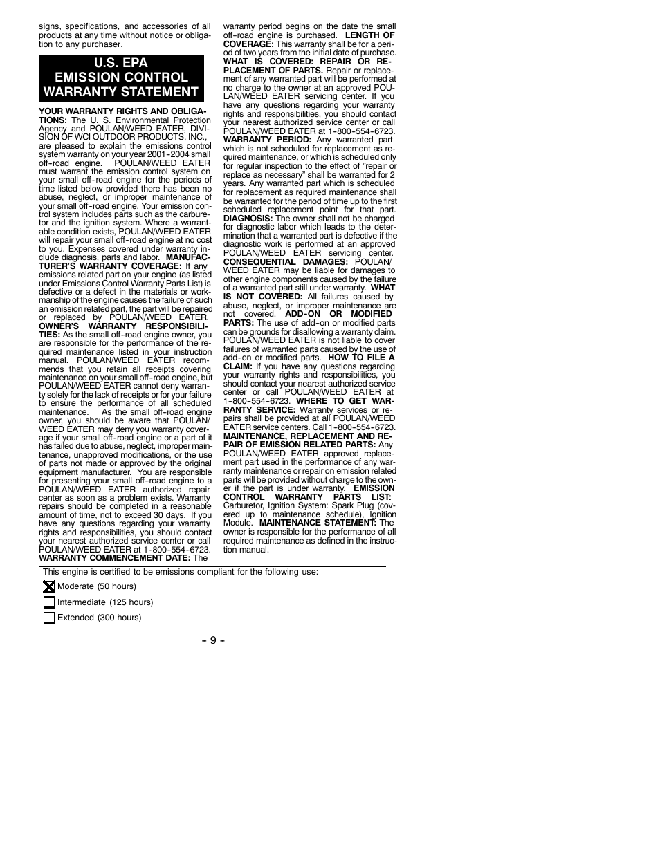 U.s. epa emission control warranty statement | Weed Eater 530086901 User Manual | Page 9 / 9