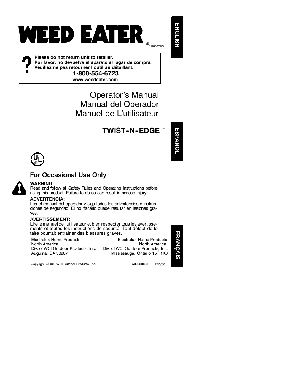 Weed Eater TWIST-N-EDGE 530088832 User Manual | 7 pages