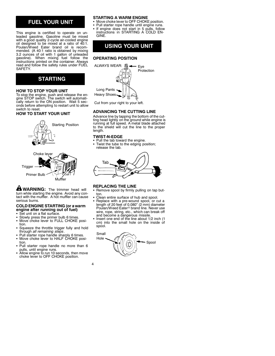 Fuel your unit, Starting, Using your unit | Weed Eater TWIST-N-EDGE 530088832 User Manual | Page 4 / 7
