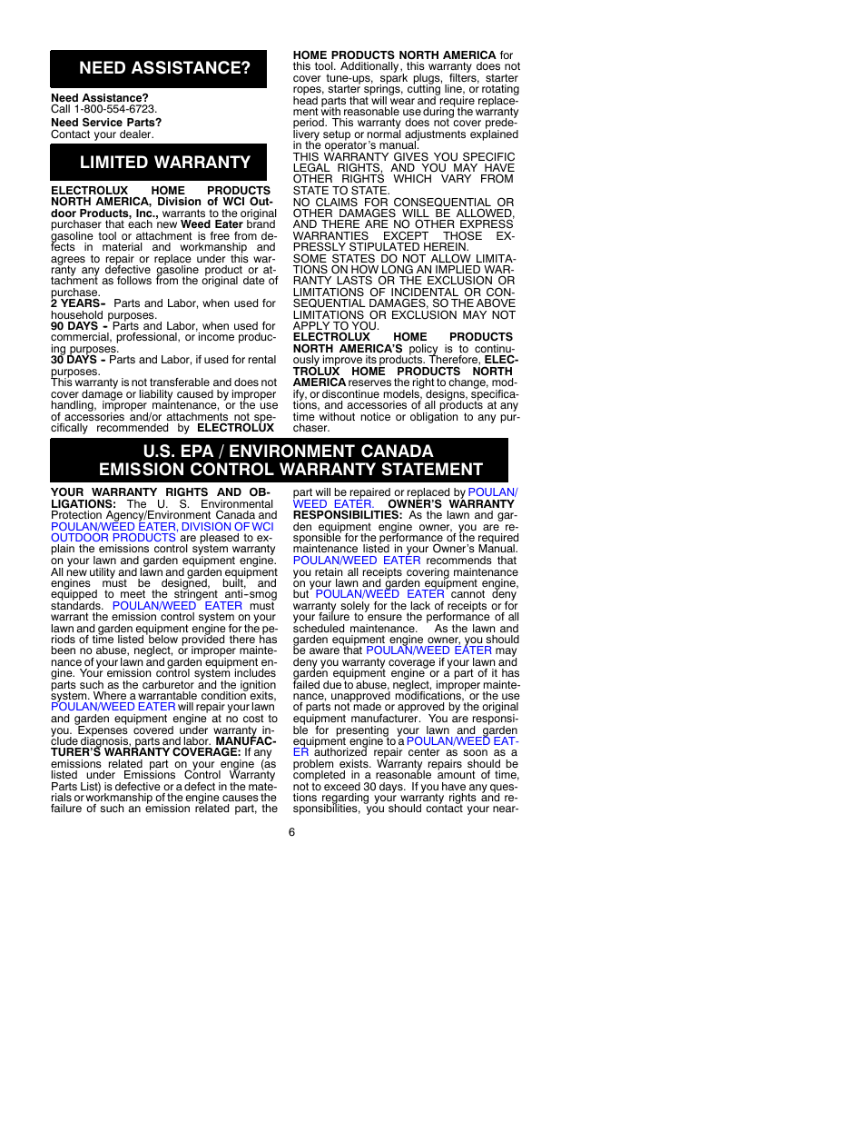 Need assistance, Limited warranty | Weed Eater TWIST-N-EDGE 530088832 User Manual | Page 6 / 7