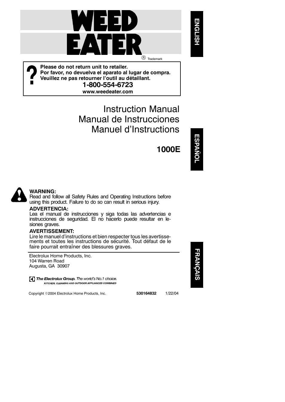 Weed Eater 1000E User Manual | 9 pages