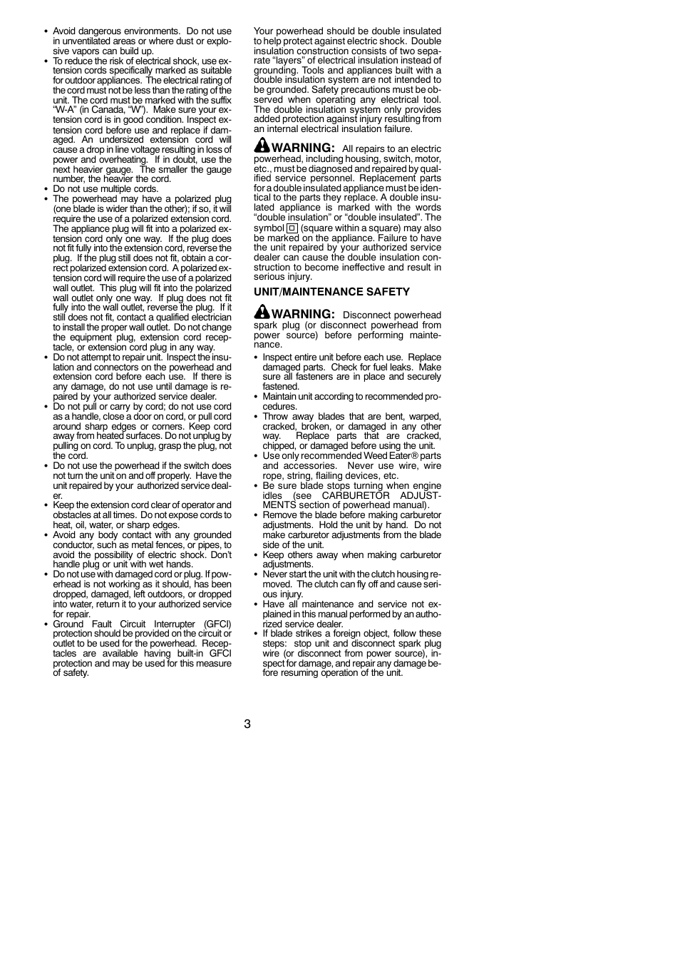 Warning | Weed Eater 1000E User Manual | Page 3 / 9