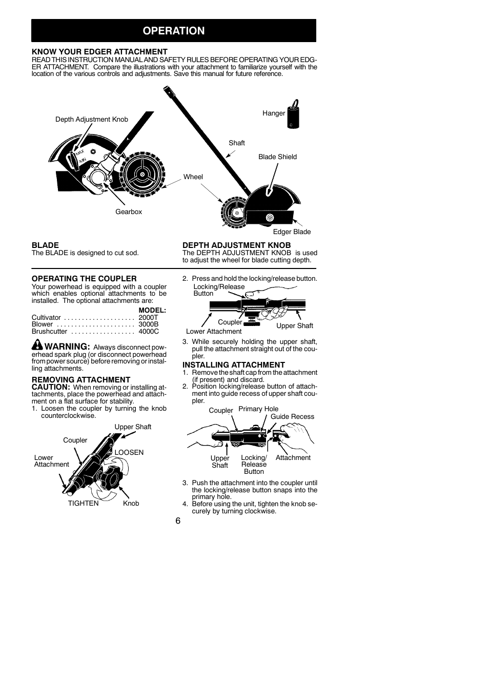 Operation, Warning | Weed Eater 1000E User Manual | Page 6 / 9