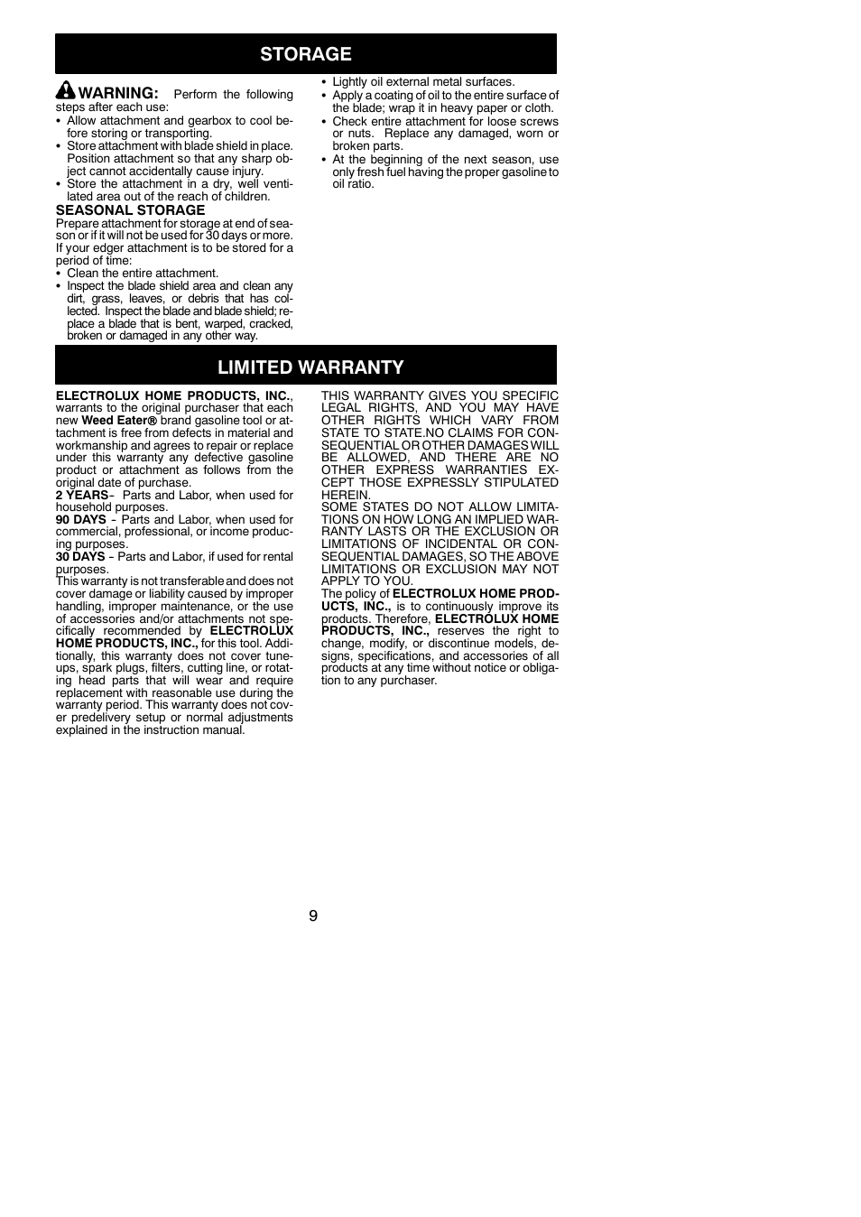 Storage, Limited warranty, Warning | Weed Eater 1000E User Manual | Page 9 / 9