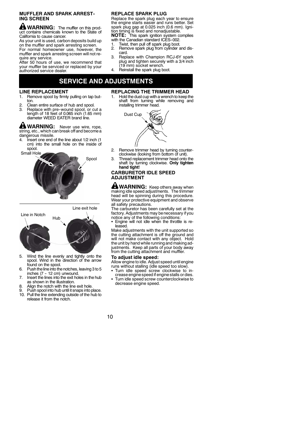 Service and adjustments, Warning | Weed Eater 952711938 User Manual | Page 10 / 14