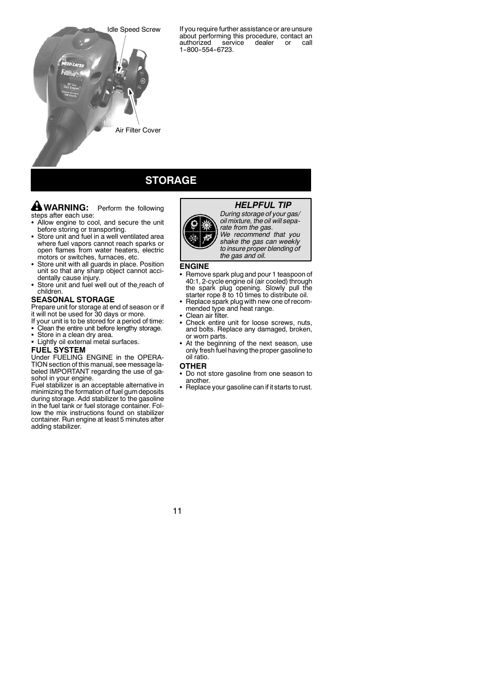 Storage, Warning, Helpful tip | Weed Eater 952711938 User Manual | Page 11 / 14