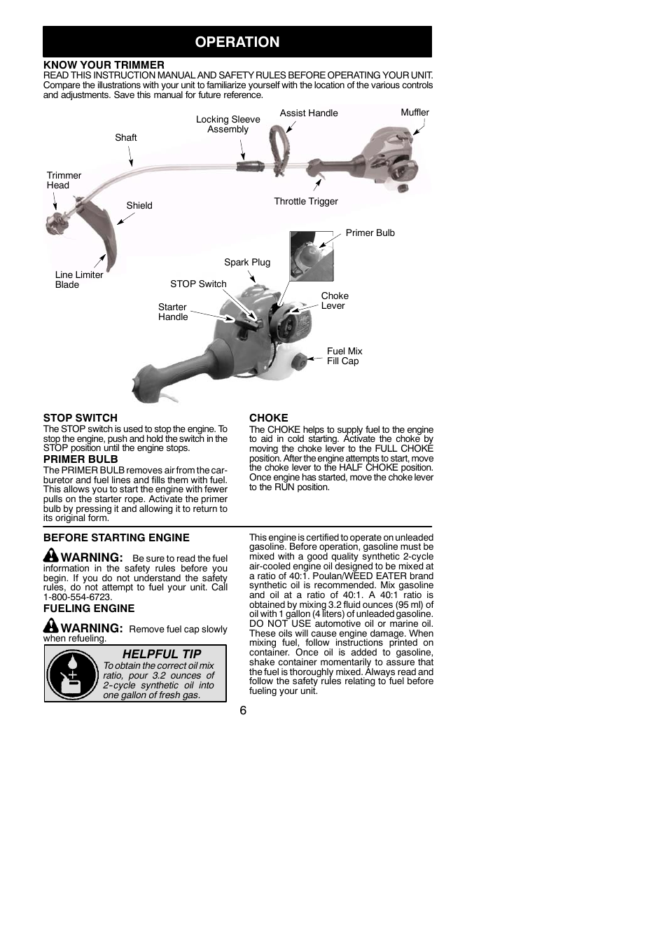 Operation, Warning, Helpful tip | Weed Eater 952711938 User Manual | Page 6 / 14