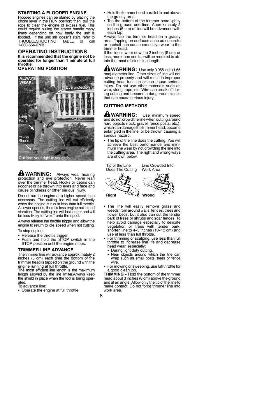 Operating instructions, Warning | Weed Eater 952711938 User Manual | Page 8 / 14