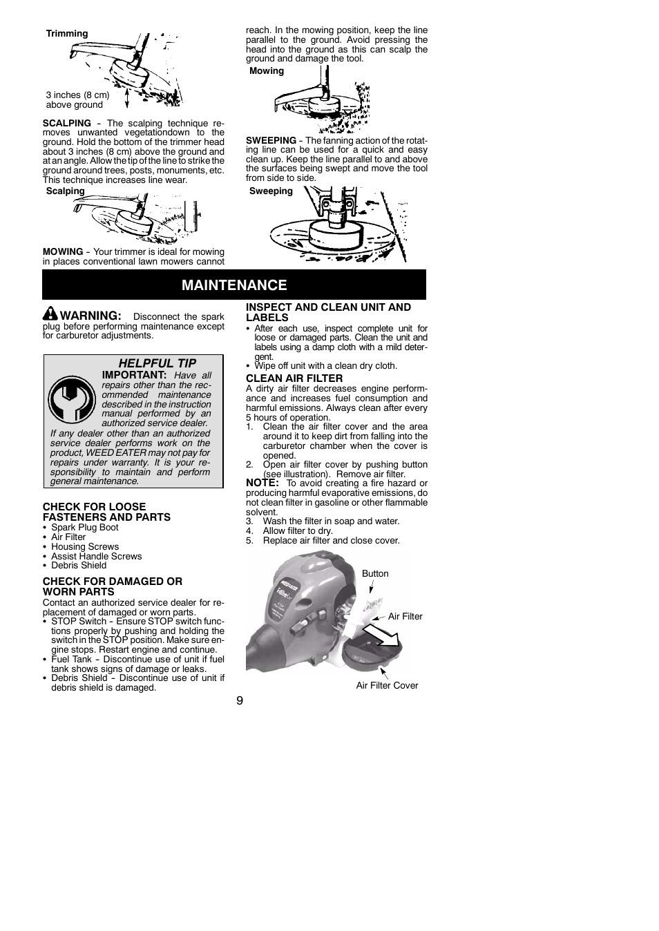 Maintenance, Warning, Helpful tip | Weed Eater 952711938 User Manual | Page 9 / 14