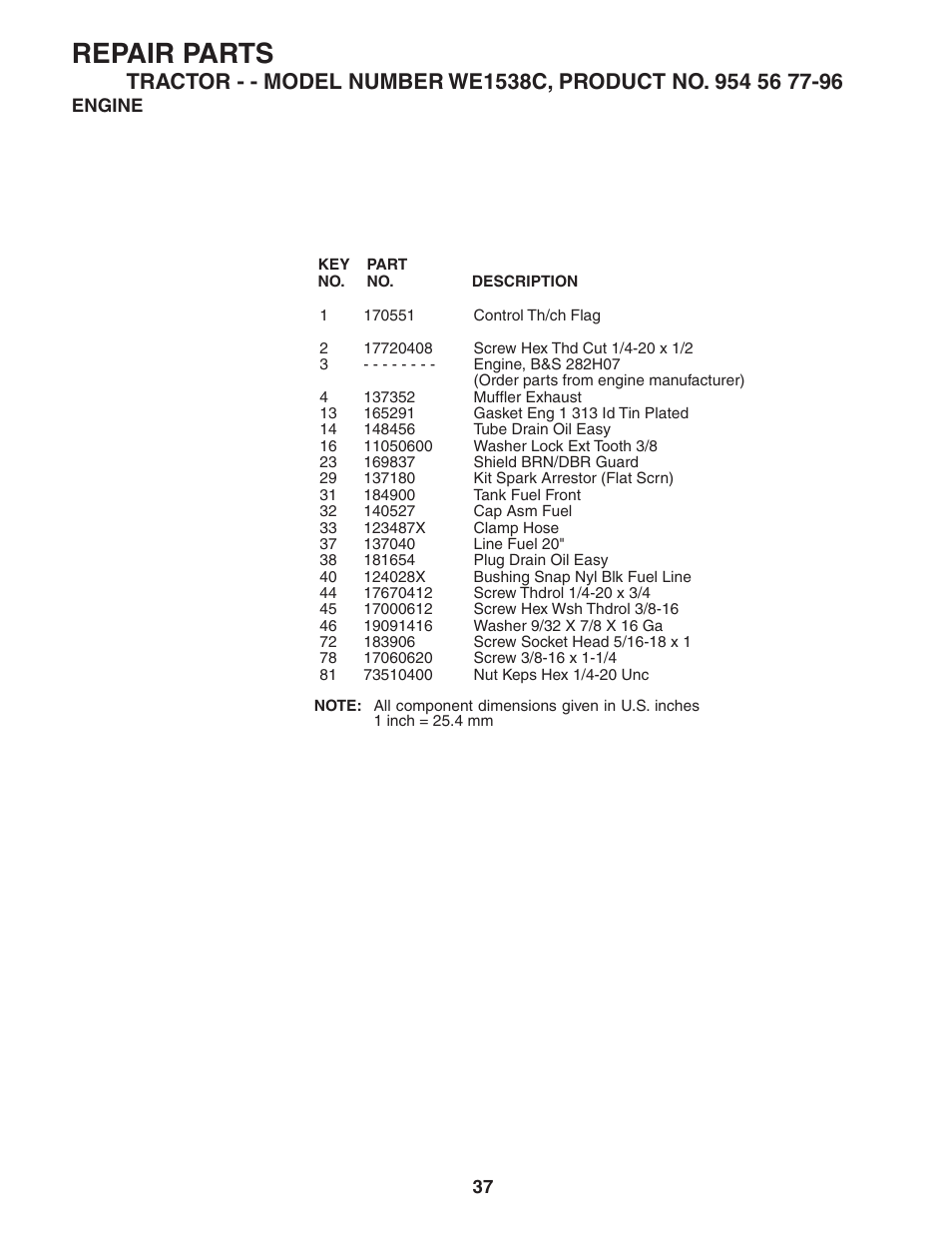 Repair parts | Weed Eater 186778 User Manual | Page 37 / 48