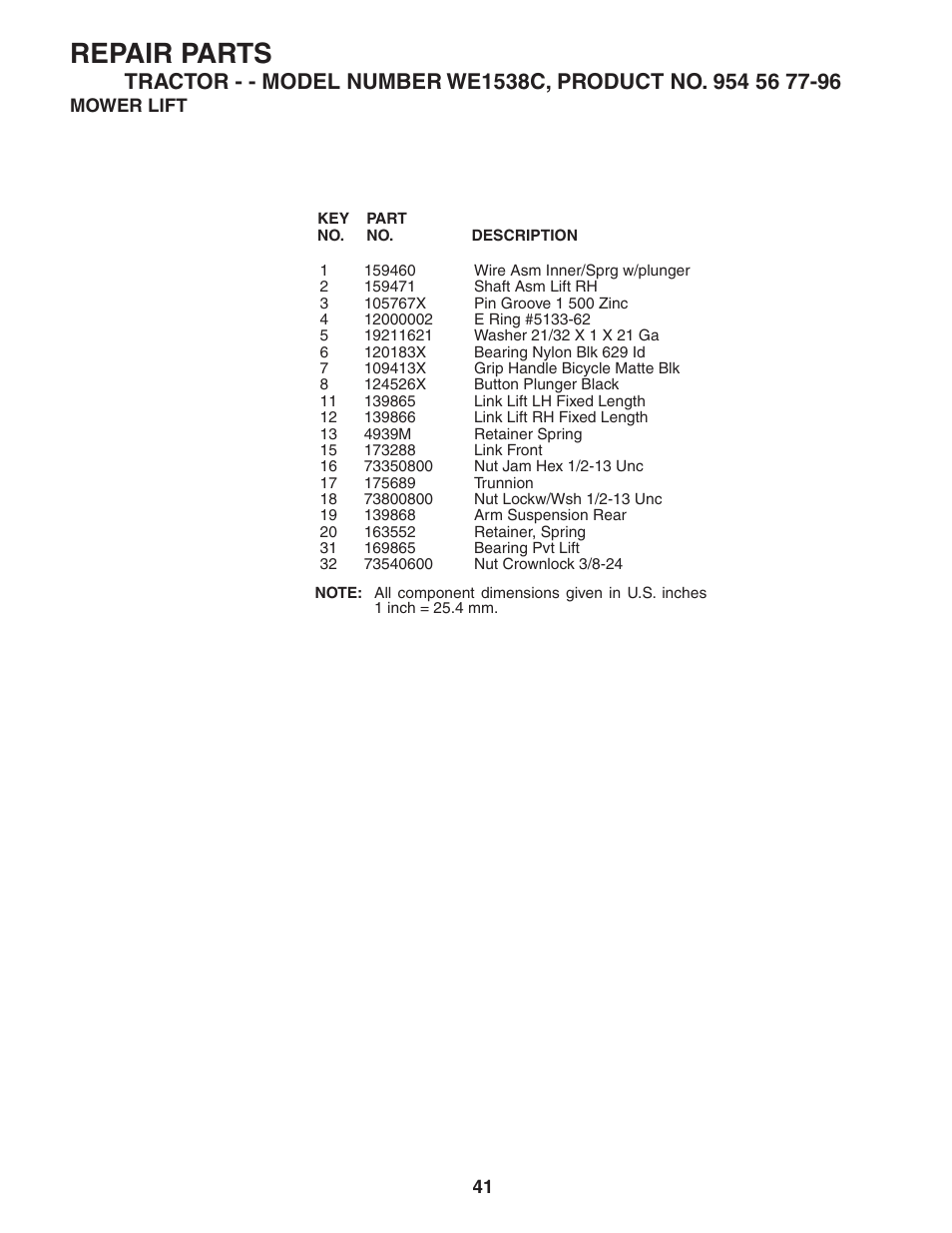 Repair parts | Weed Eater 186778 User Manual | Page 41 / 48