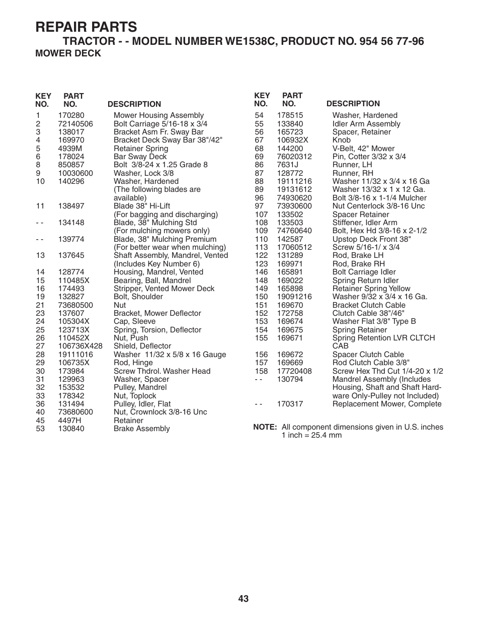 Repair parts | Weed Eater 186778 User Manual | Page 43 / 48