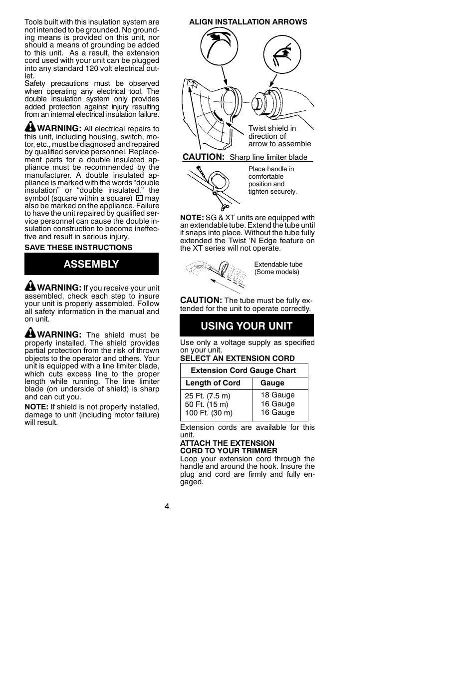 Assembly, Using your unit | Weed Eater 545117522 User Manual | Page 4 / 8