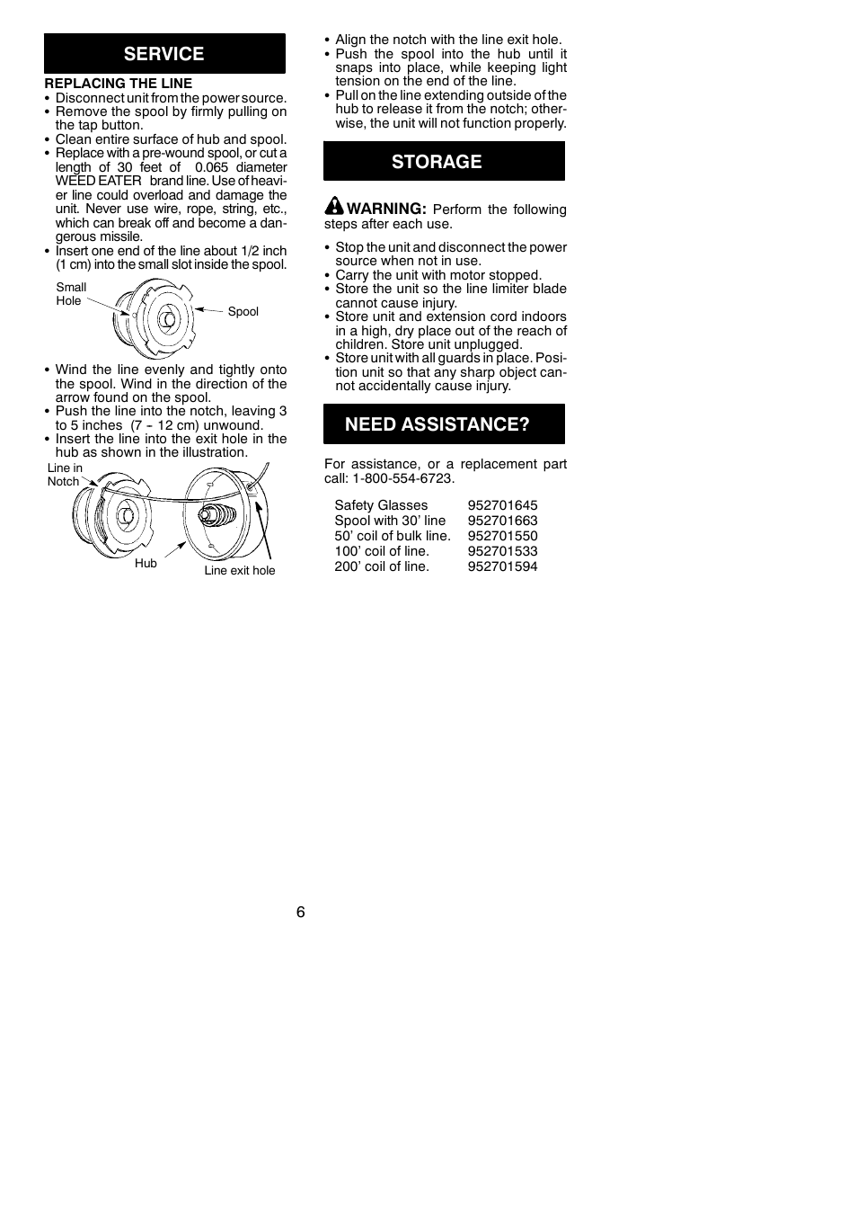 Service, Storage, Need assistance | Weed Eater 545117522 User Manual | Page 6 / 8