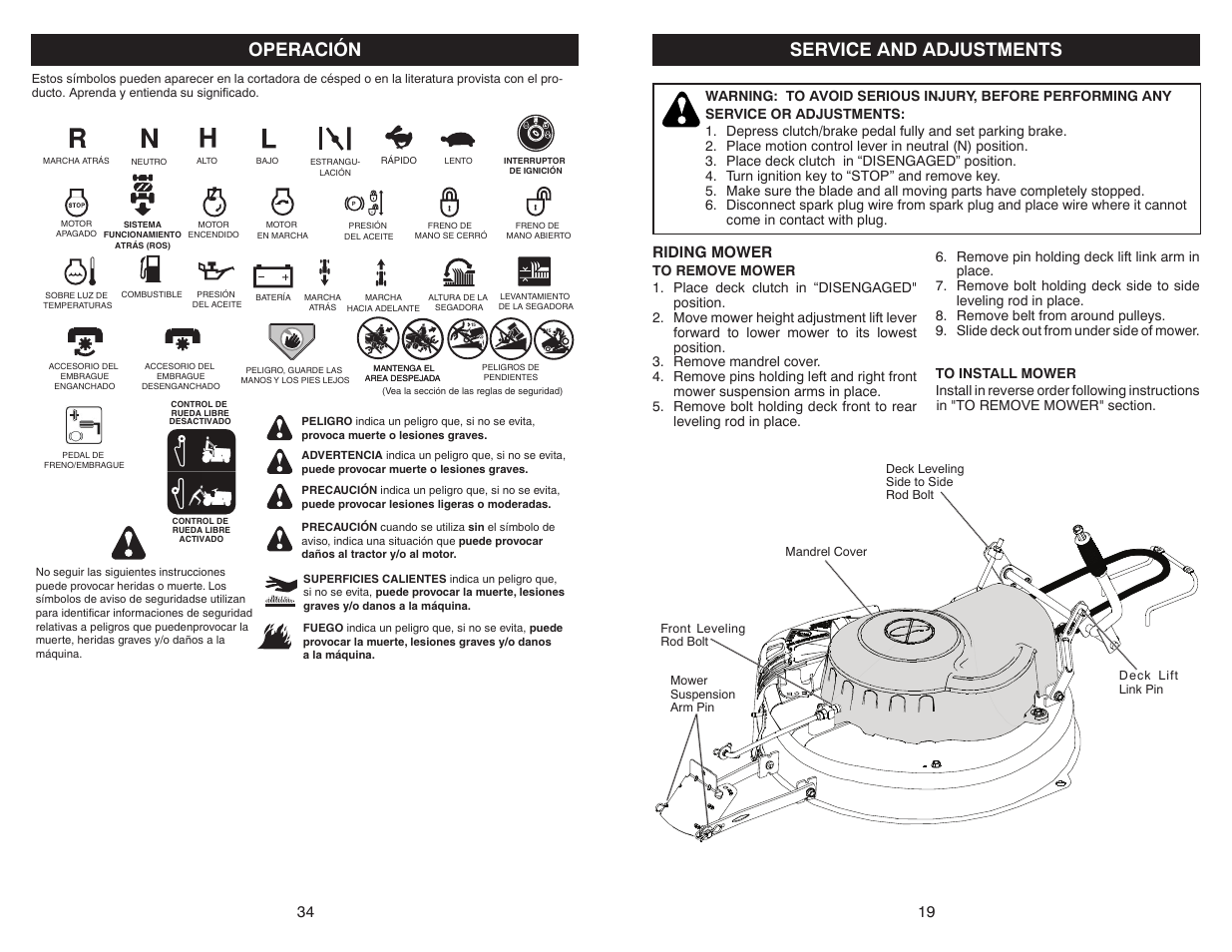 Operación, Service and adjustments, Riding mower | Weed Eater Weedeater One WE261 User Manual | Page 19 / 26