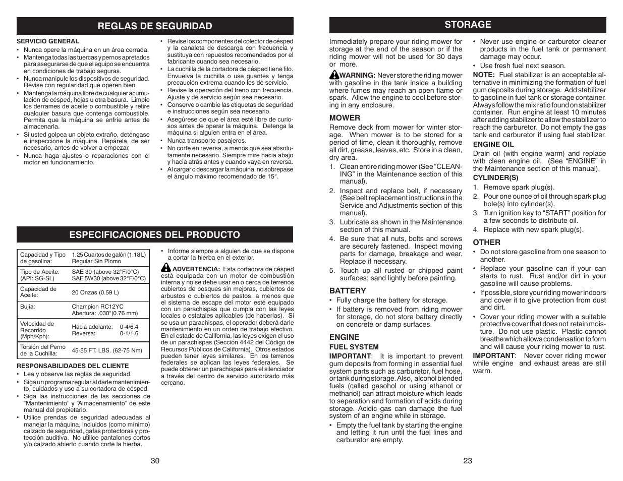 Especificaciones del producto, Reglas de seguridad, Storage | Weed Eater Weedeater One WE261 User Manual | Page 23 / 26