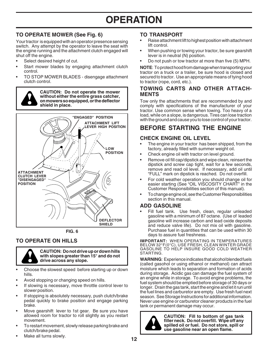 Operation, Before starting the engine | Weed Eater WE1538A User Manual | Page 12 / 48