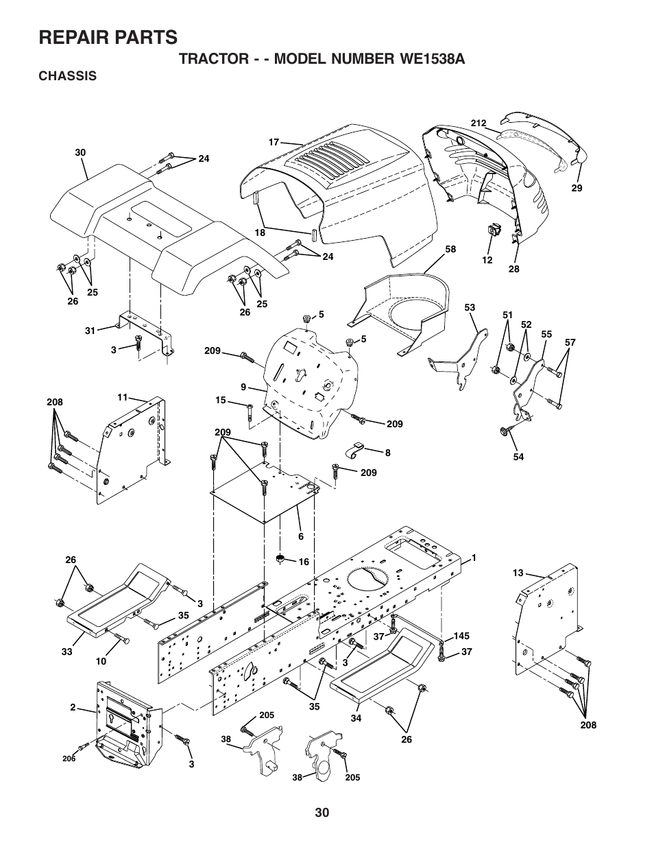 Repair parts, Tractor - - model number we1538a, Chassis | Weed Eater WE1538A User Manual | Page 30 / 48