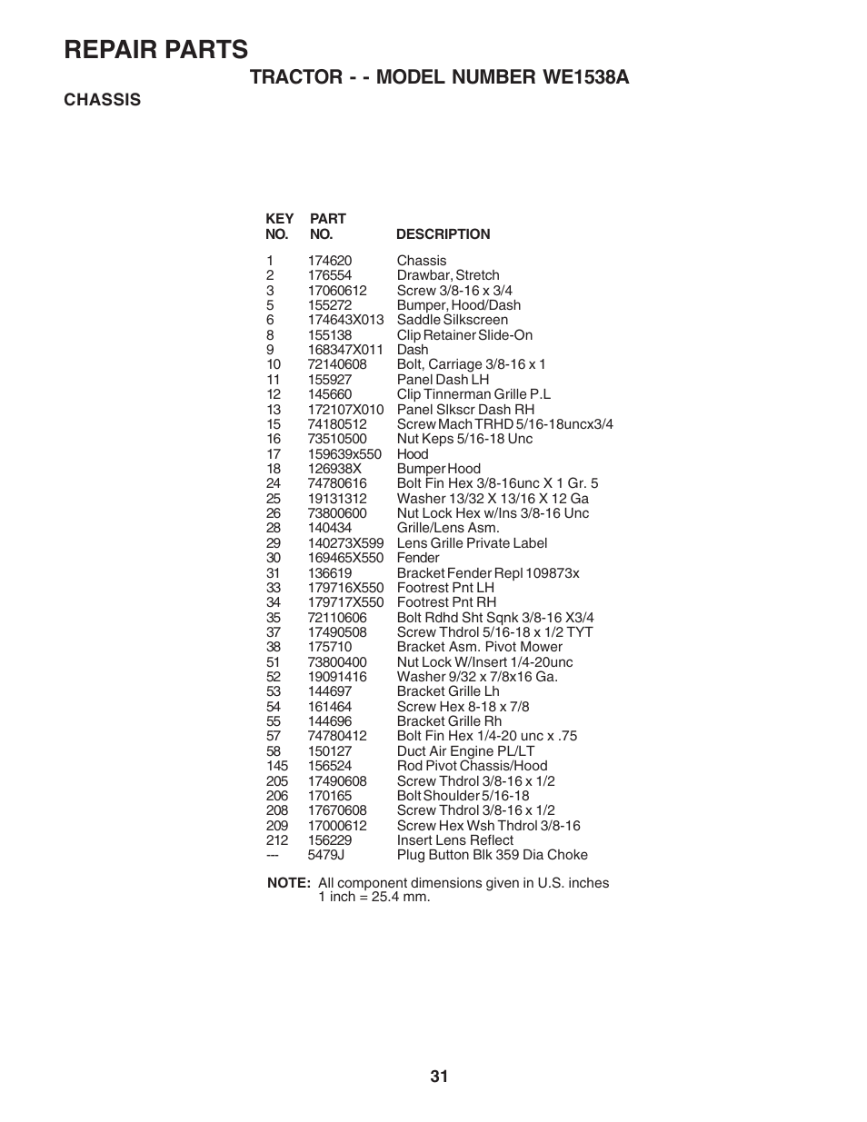 Repair parts, Tractor - - model number we1538a | Weed Eater WE1538A User Manual | Page 31 / 48