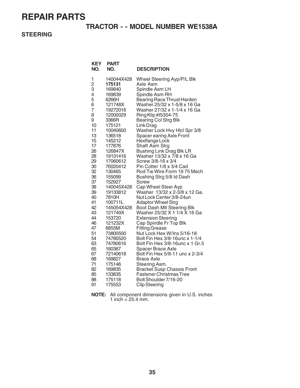 Repair parts, Tractor - - model number we1538a | Weed Eater WE1538A User Manual | Page 35 / 48