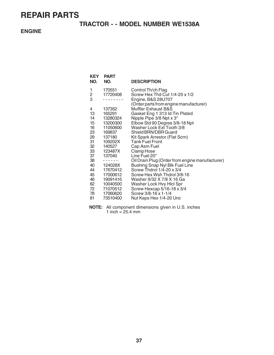 Repair parts, Tractor - - model number we1538a | Weed Eater WE1538A User Manual | Page 37 / 48