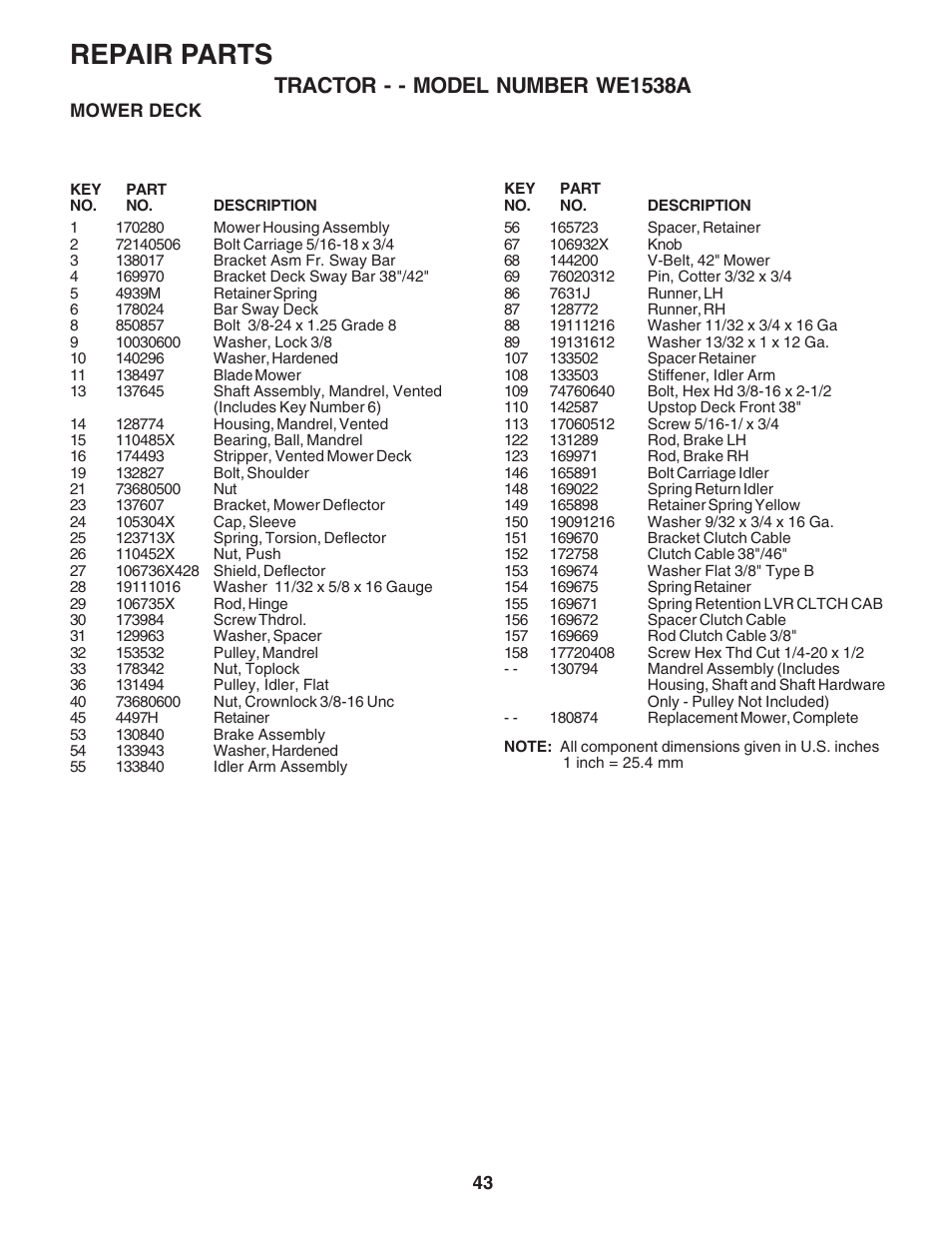 Repair parts, Tractor - - model number we1538a | Weed Eater WE1538A User Manual | Page 43 / 48