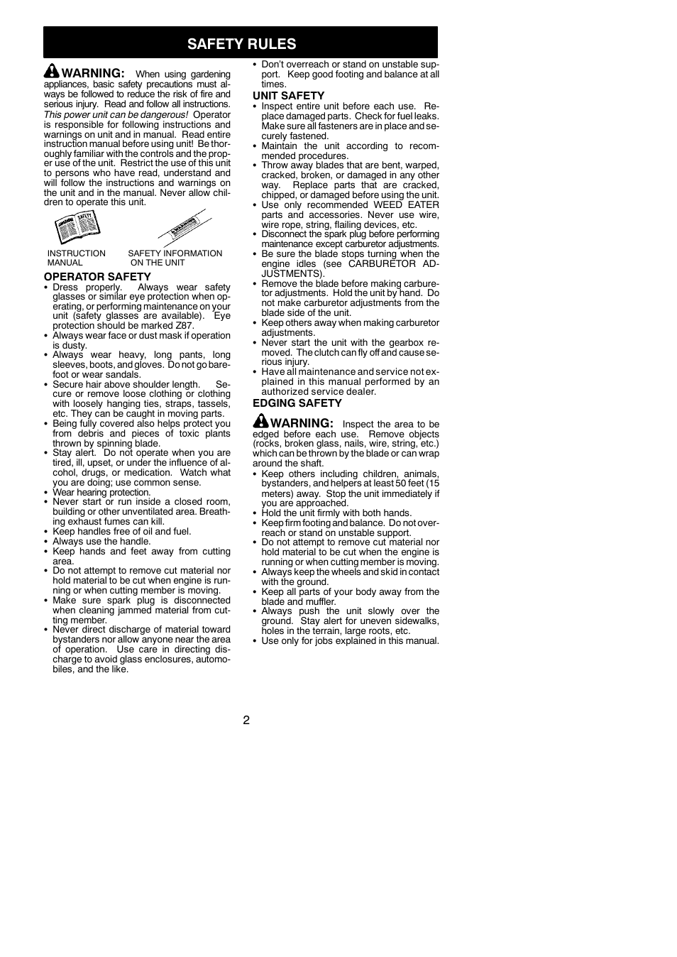 Safety rules, Warning | Weed Eater 545117552 User Manual | Page 2 / 13