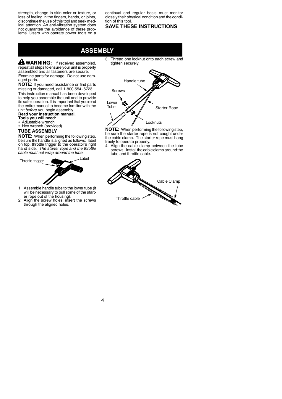 Assembly, Save these instructions, Warning | Weed Eater 545117552 User Manual | Page 4 / 13
