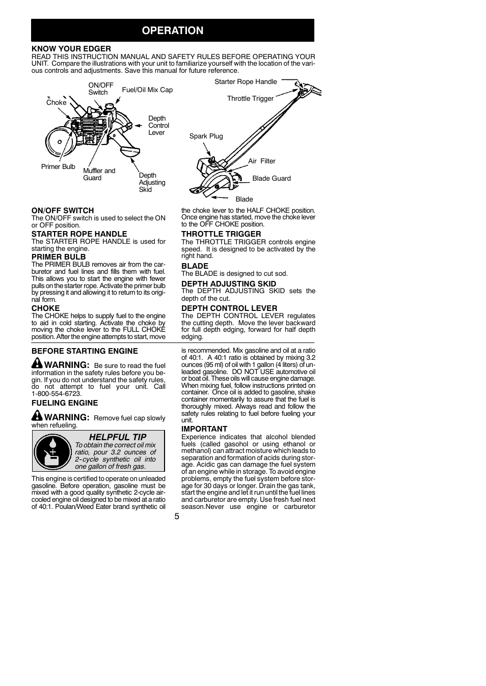 Operation, Warning, Helpful tip | Weed Eater 545117552 User Manual | Page 5 / 13