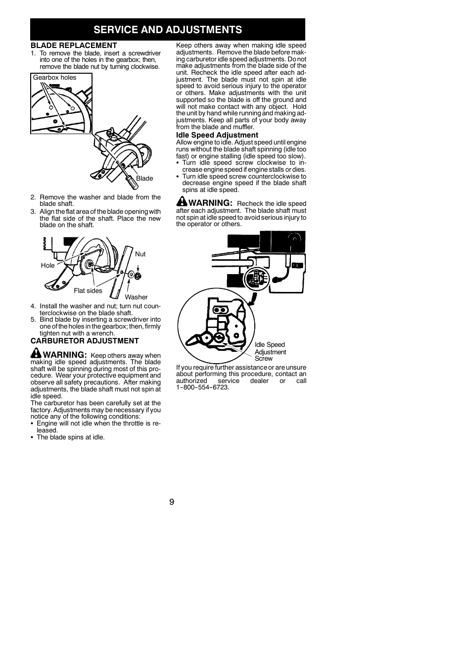 Service and adjustments, Warning | Weed Eater 545117552 User Manual | Page 9 / 13