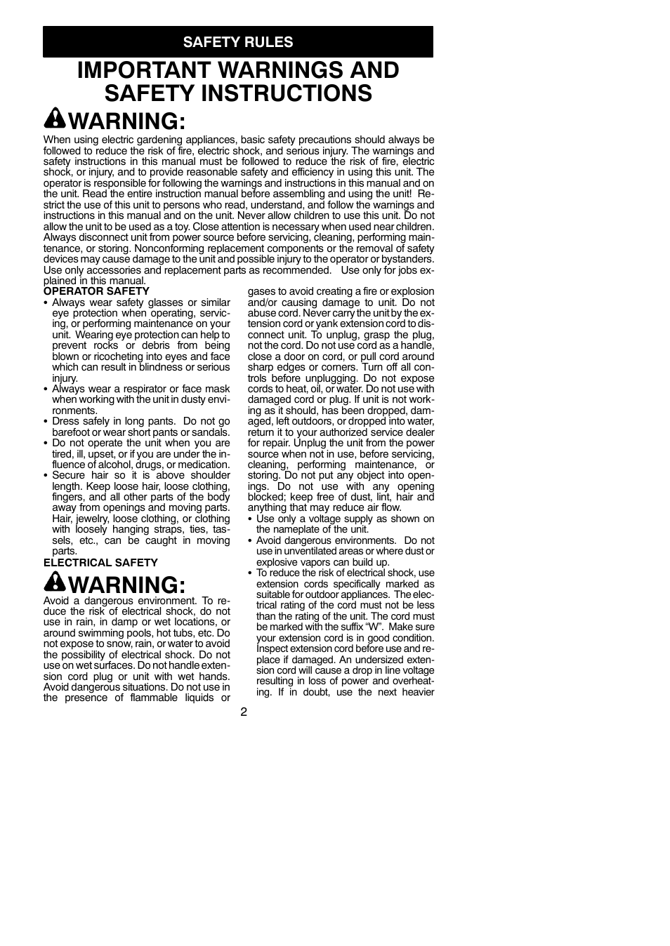 Important warnings and safety instructions warning, Warning, Safety rules | Weed Eater WEB 200 User Manual | Page 2 / 8