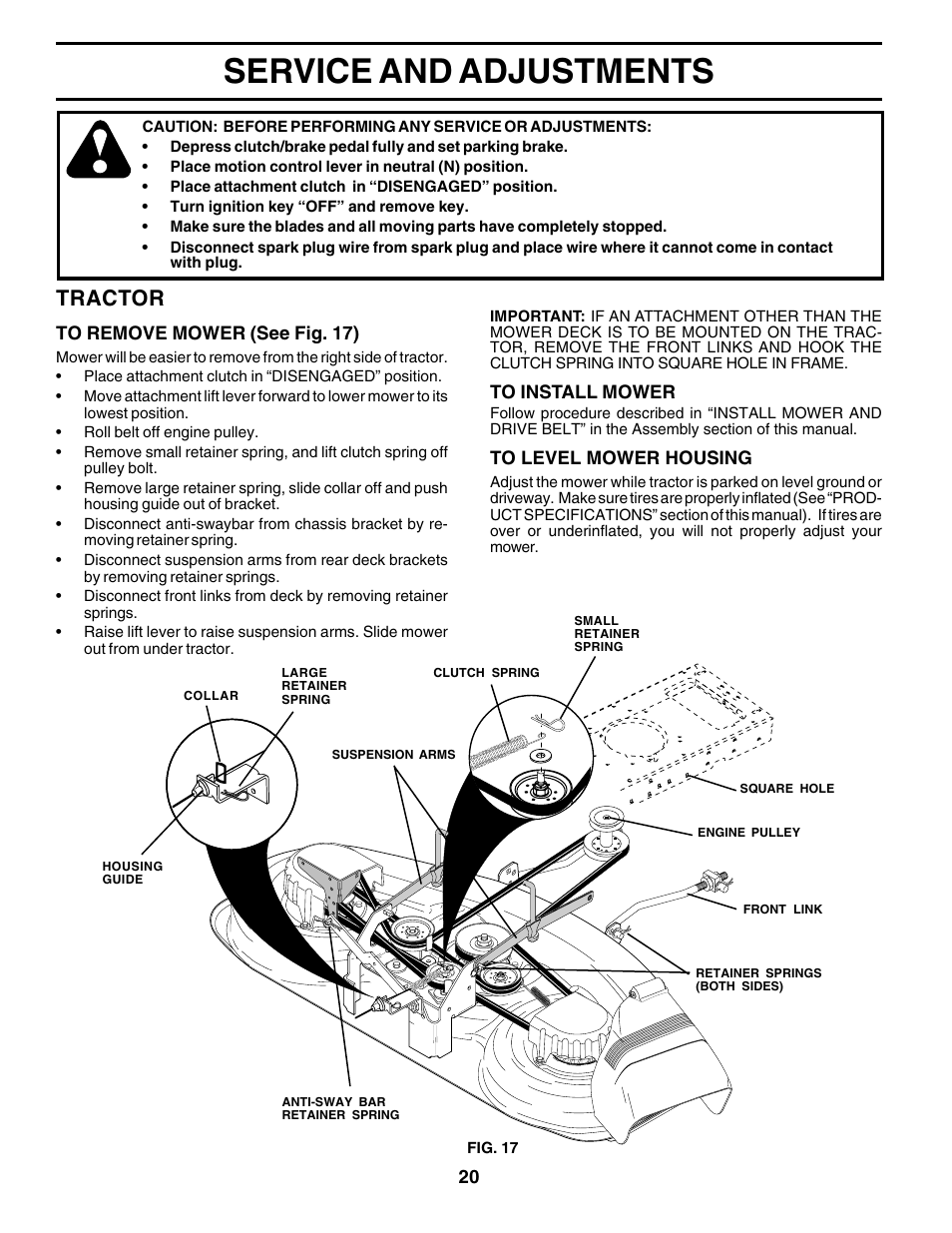 Service and adjustments, Tractor | Weed Eater 177599 User Manual | Page 20 / 48