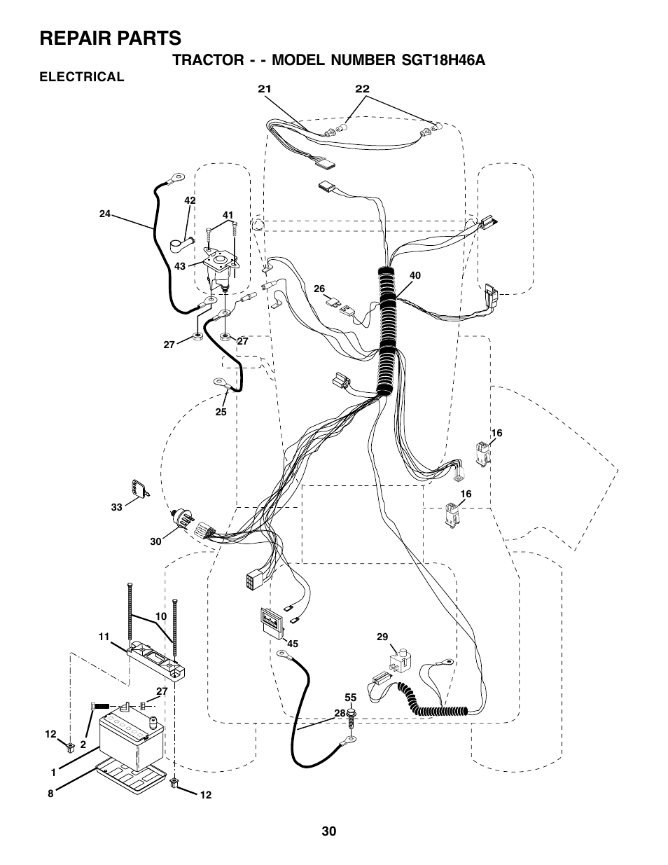 Repair parts, Tractor - - model number sgt18h46a, Electrical | Weed Eater 177599 User Manual | Page 30 / 48