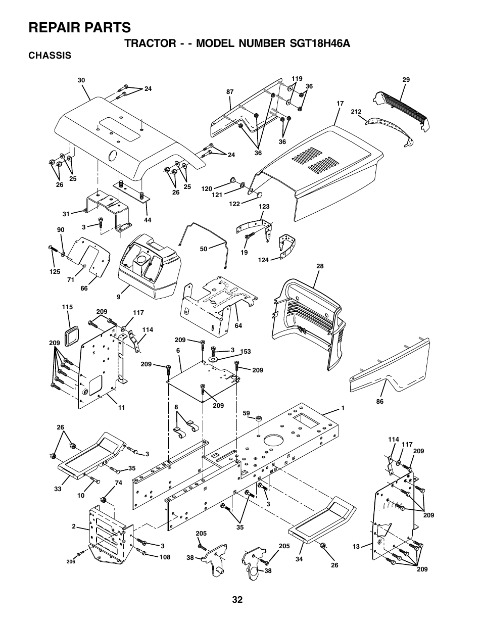 Repair parts, Tractor - - model number sgt18h46a, Chassis | Weed Eater 177599 User Manual | Page 32 / 48