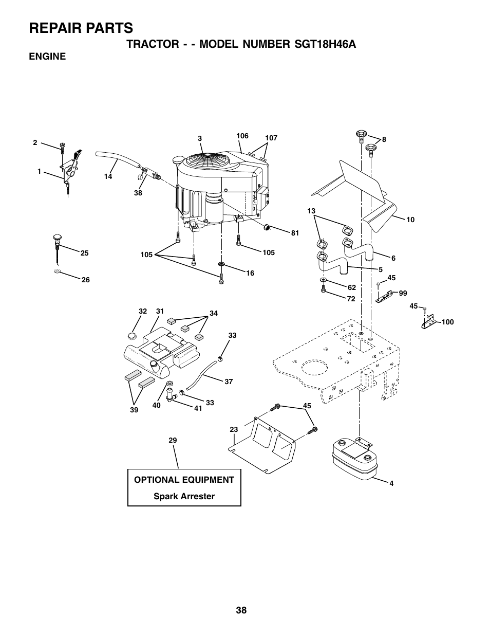 Repair parts, Tractor - - model number sgt18h46a | Weed Eater 177599 User Manual | Page 38 / 48