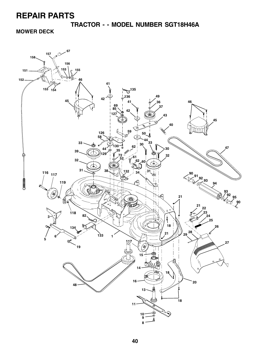 Repair parts, Tractor - - model number sgt18h46a, Mower deck | Weed Eater 177599 User Manual | Page 40 / 48