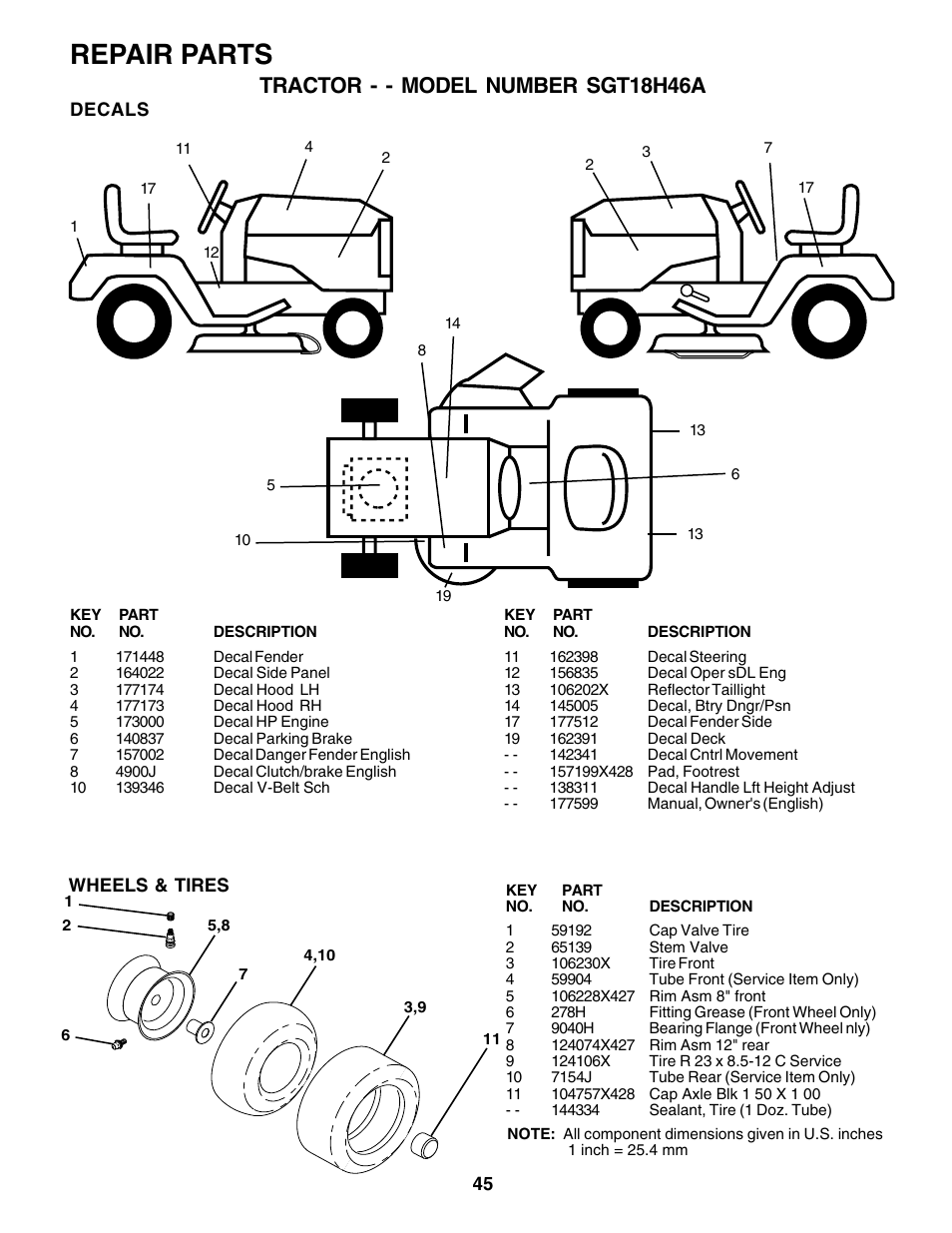 Repair parts, Tractor - - model number sgt18h46a | Weed Eater 177599 User Manual | Page 45 / 48