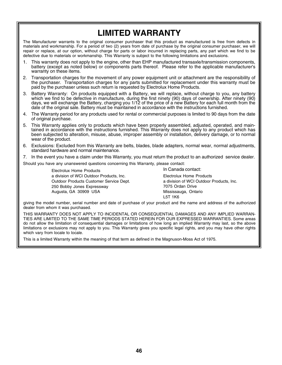 Limited warranty | Weed Eater 177599 User Manual | Page 46 / 48