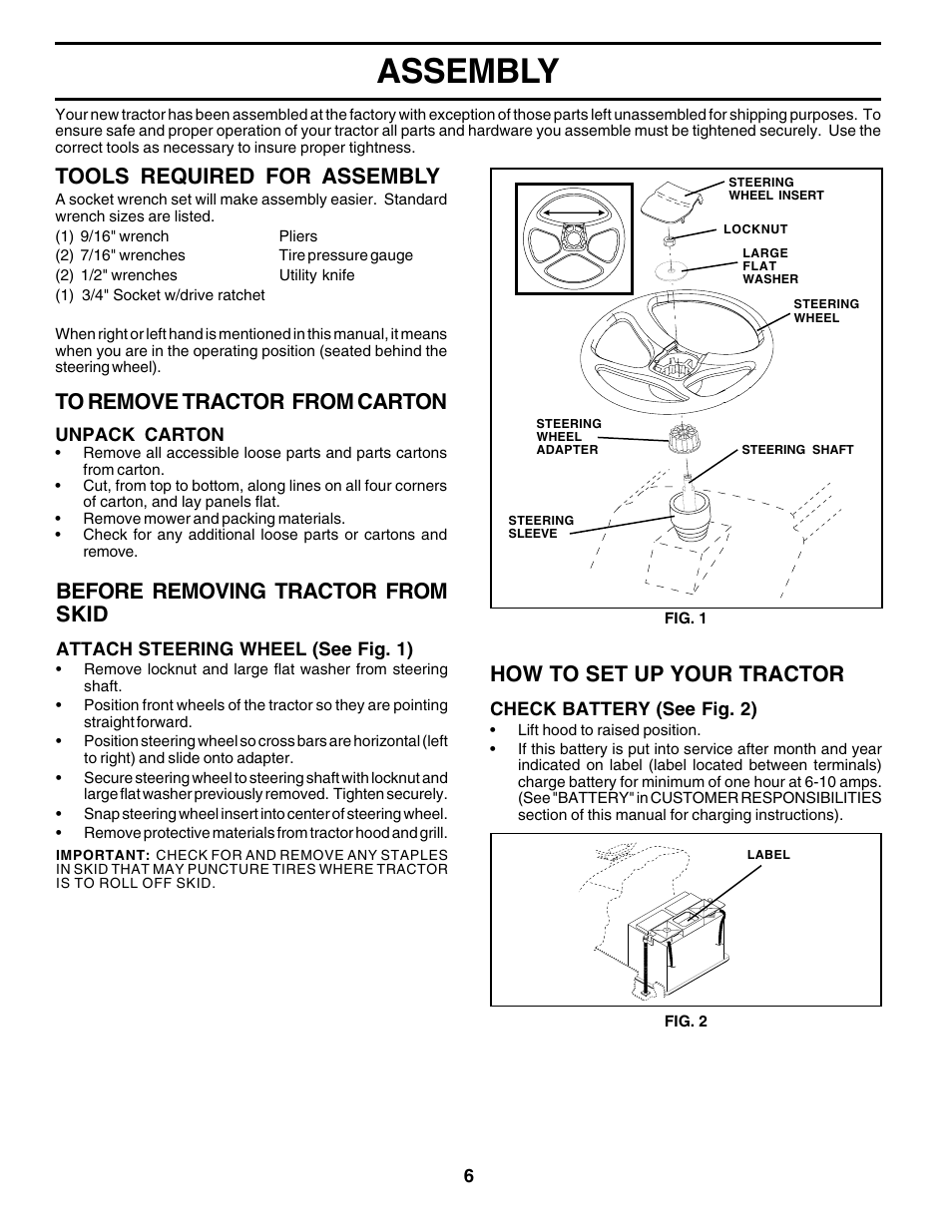 Assembly, Tools required for assembly, How to set up your tractor | Before removing tractor from skid | Weed Eater 177599 User Manual | Page 6 / 48
