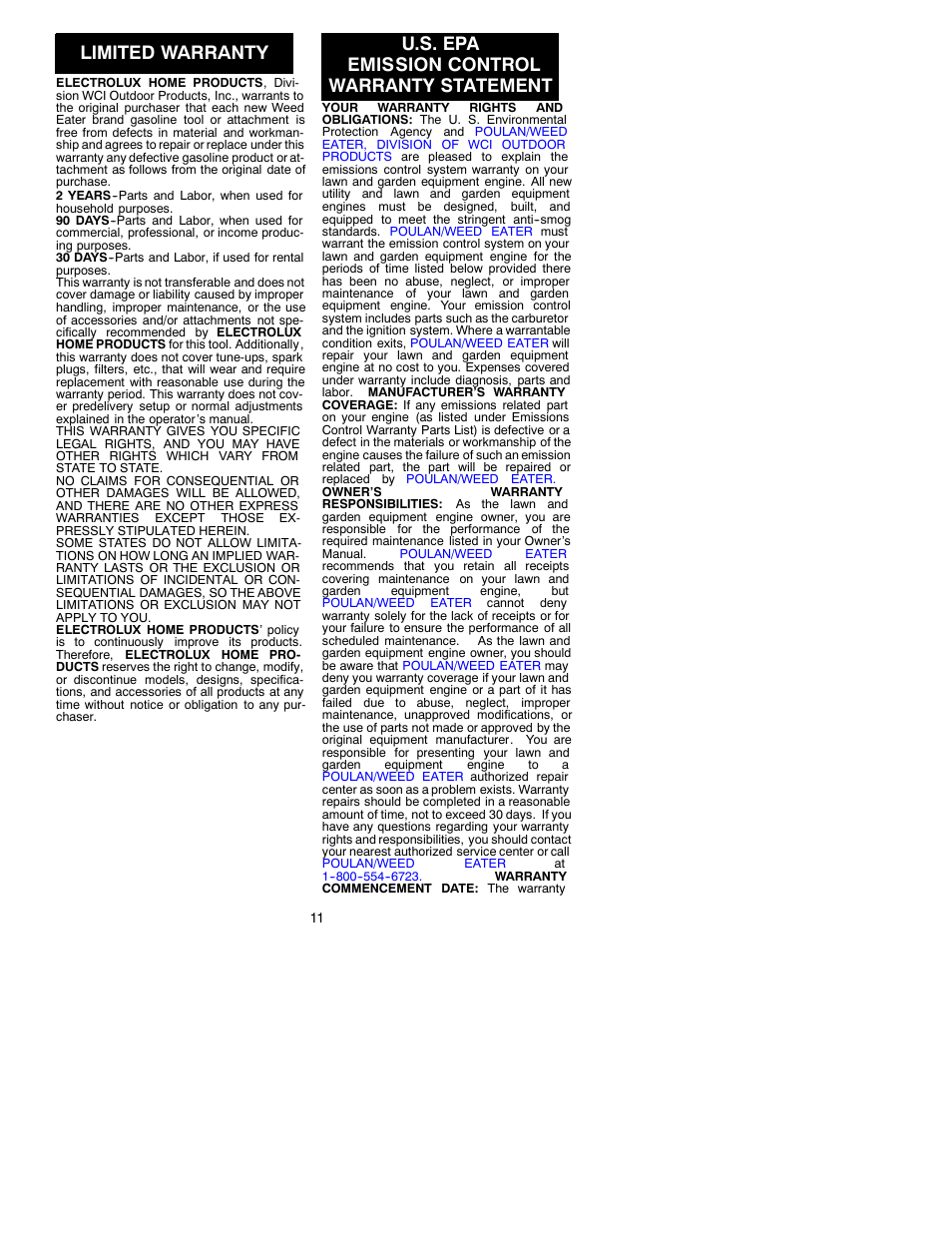 Limited warranty, U.s. epa emission control warranty statement | Weed Eater 530087645 User Manual | Page 11 / 12